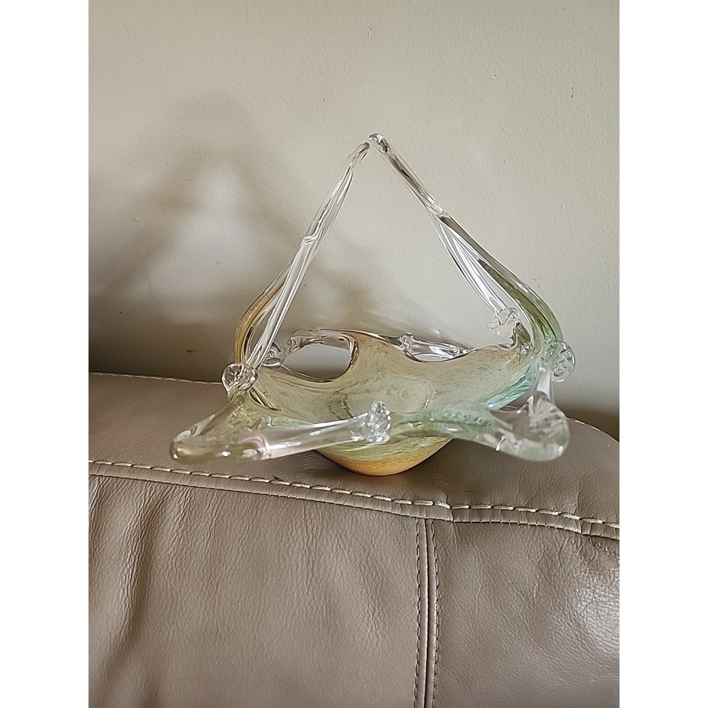 Murano  Hand Blown Art Glass Split Handle Console Bowl Basket